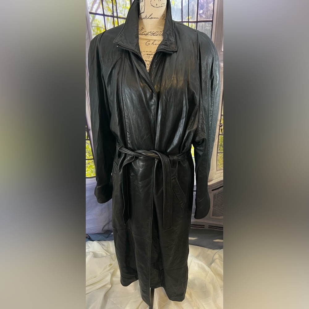 Vintage Black Leather Long Belted Jacket